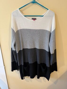 Vince Camuto Black, Gray and White Striped Scoop Neck Sweater